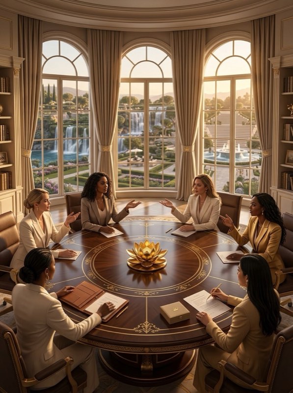 Women gathered around a table in conversation