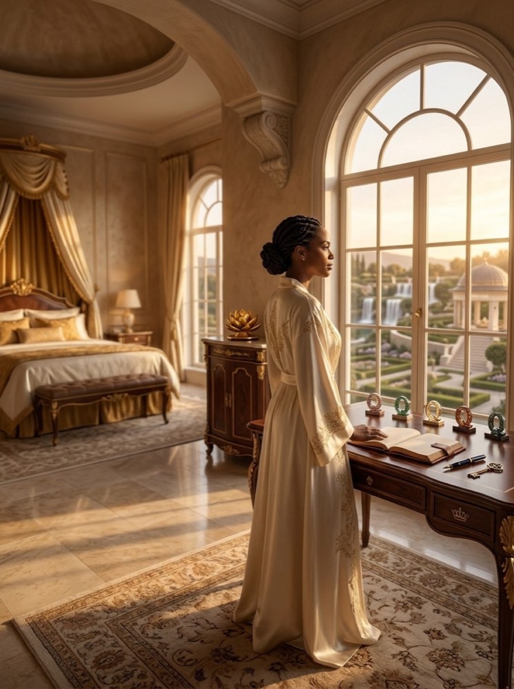 A woman standing in golden morning light at her desk
